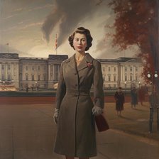 AI IMAGE - Portrait of Princess Elizabeth in front of Buckingham Palace, 1950s, (2023). Creator: Heritage Images.