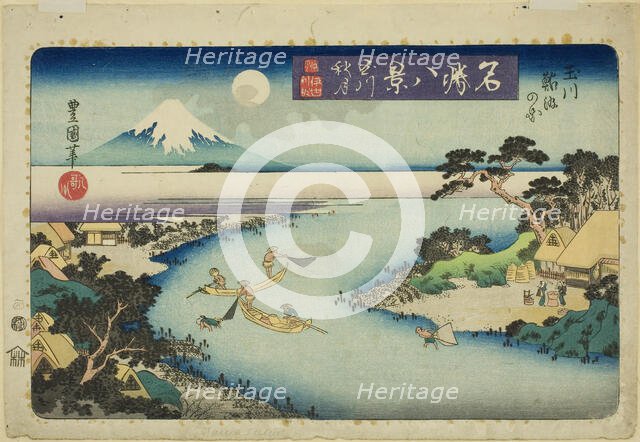 Autumn Moon of the Jewel River, View of Fishermen Catching Sweetfish (Tamagawa..., c. 1833/34. Creator: Utagawa Toyokuni II.