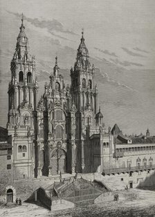 Main facade or Obradoiro, Cathedral of Santiago de Compostela, Galicia, Spain, 1878.  Creators: Manuel Nao, Bernardo Rico.