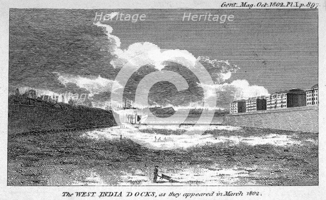 View of West India Docks, Poplar, London, 1802. Artist: Anon