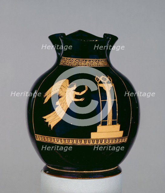 Attic red-figure wine jug (oinochoe), Nike with ribbon flying towards a tripod, 5th century BC, Artist: Calliope Painter.