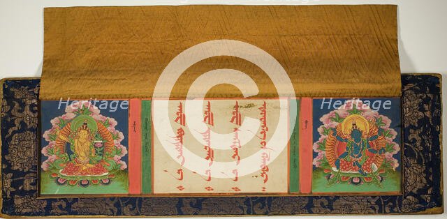 Title Page and Front Cover of a Buddhist Manuscript with Manjusri (left) and..., 17th/18th century. Creator: Unknown.
