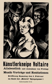 Poster for the opening of the Cabaret Voltaire on 1916-02-05, 1916.