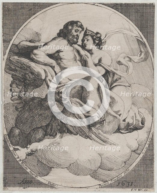Jupiter and Juno seated on clouds, with an eagle holding thunderbolts below at left, 1631. Creator: Willem Panneels.