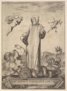 Saint Jean Gualbert trampling a monster with two human heads and a serpentine body, a flyi..., 1640. Creator: Stefano della Bella.