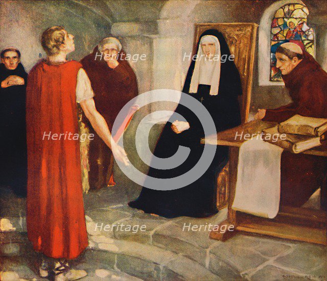 'Caedmon before Saint Hilda', 1912. Artist: Unknown.