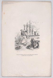 As the last grains of powder fall into the palm of his blackened hand, a superb hare... fr..., 1843. Creator: Jean Ignace Isidore Gerard.