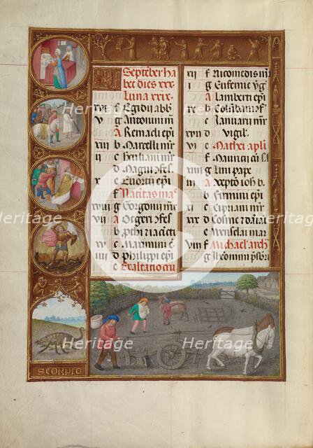 September Calendar Page: Plowing and Sowing: Scorpio; Spinola Hours, about 1510-1520. Creator: Workshop of the Master of James IV of Scotland.
