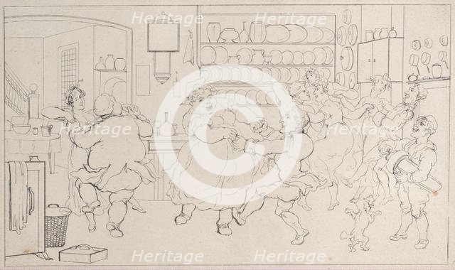 Quae Genus in the Sports of the Kitchen, from "The History of Johnny Quoe Genus: the Littl..., 1822. Creator: Thomas Rowlandson.