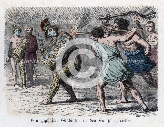Roman circus, the cowardly gladiator is egged on to fight, engraving, 1866.