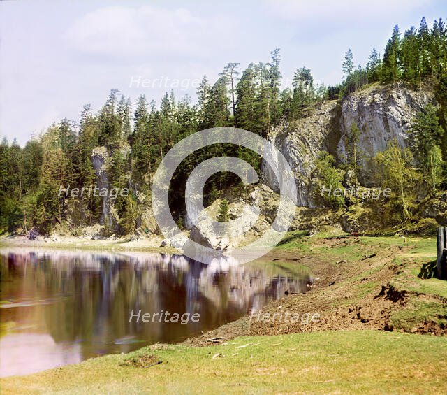 Vysokiy Rock below the village of Treki, Chusovaya River, 1912. Creator: Sergey Mikhaylovich Prokudin-Gorsky.