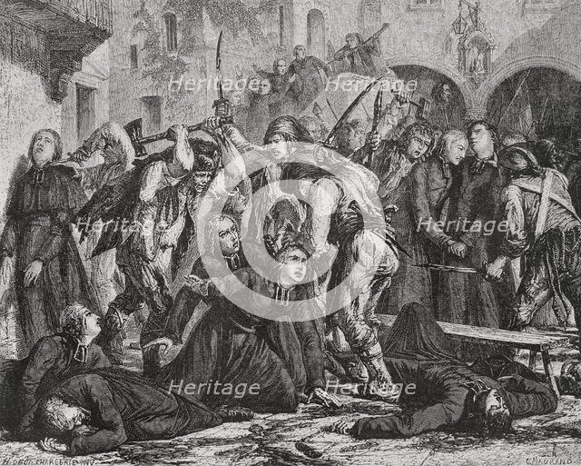French Revolution: Slaughter of clerics, September Massacres (2 to 6 September 1792), 1876. Creator: Charles Maurand.