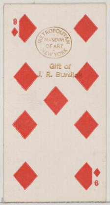 Nine Diamonds (red), from the Playing Cards series (N84) for Duke brand cigarettes, 1888., 1888. Creator: Unknown.