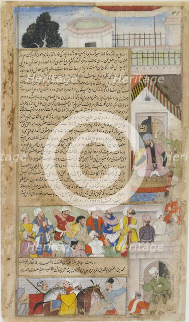 The Imam of Baghdad brought before the Caliph on a charge of heresy from the Tarikh-i-Alfi, ca.1592  Creator: Basawan.