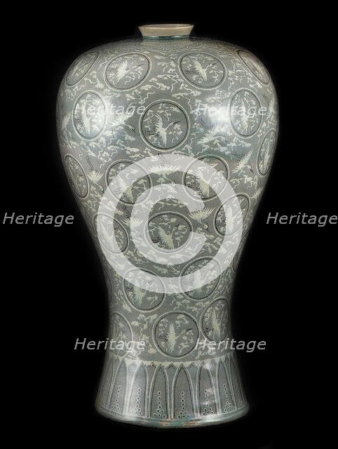 Celadon Prunus Vase with Inlaid Cloud and Crane Design. National Treasure No. 68, 12th century. Creator: The Oriental Applied Arts ().