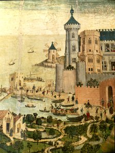 Saint George Altarpiece. Detail of the city of Mallorca port, with the towers of the Almudaina, d…