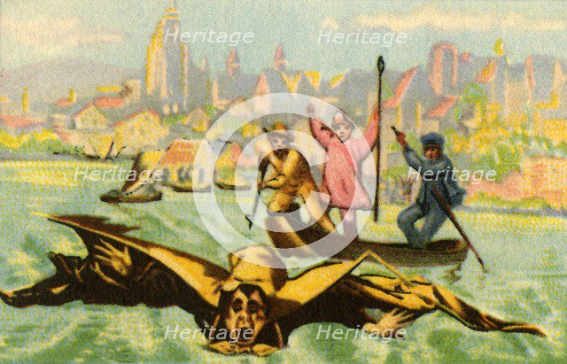 Berblinger's attempt to fly across the Danube, 1811, (1932). Creator: Unknown.