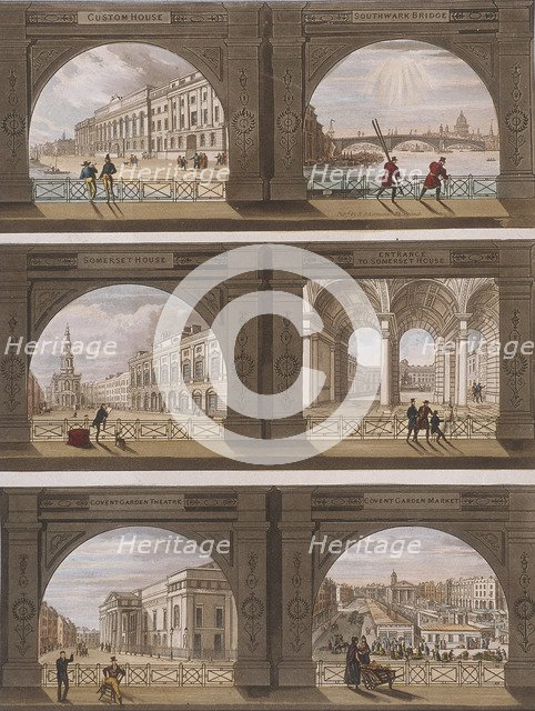 Six views of London sites seen through an arch, c1820. Artist: Anon