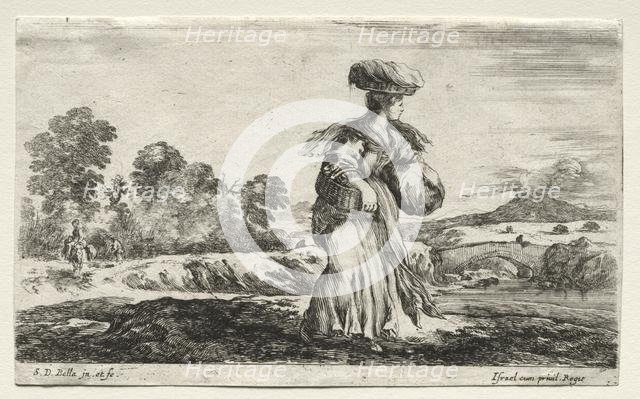 Various Figures and Landscapes: Peasant Woman Carrying a Basket on her Head, 1649. Creator: Stefano Della Bella (Italian, 1610-1664).