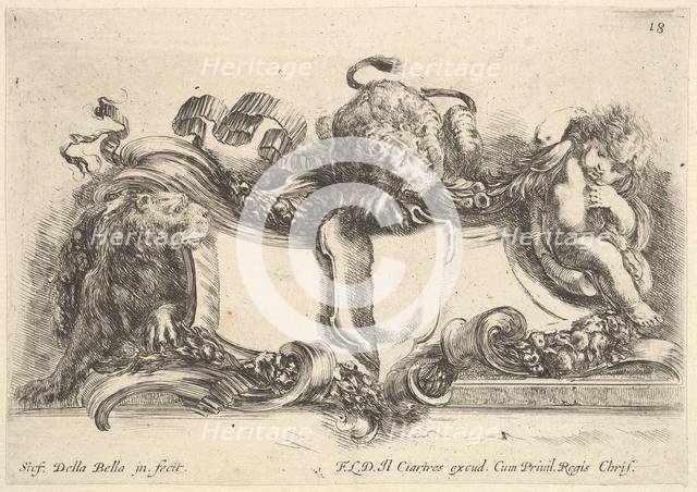 Plate 18: a cartouche containing an empty crest, two lionesses, one to left and one in cen..., 1646. Creator: Stefano della Bella.