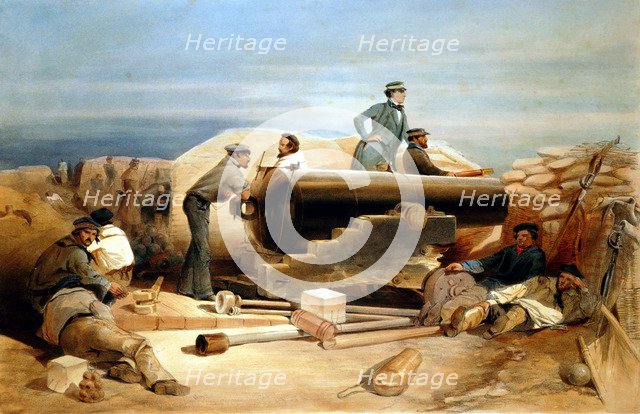 'A Quiet Day in the Diamond Battery - portrait of a Lancaster 68-pounder', Crimean War 1855-1856. Artist: William Simpson
