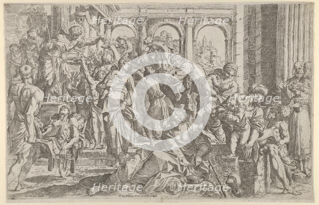 Saint Roch at left distributing alms to a group of people gathered around him, after ..., 1590-1600. Creator: Francesco Brizio.