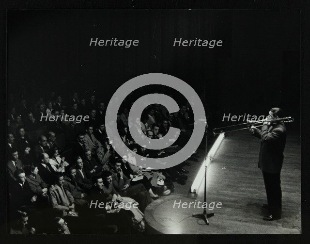 Trombonist and bandleader Jack Teagarden on stage at Colston Hall, Bristol, 1957. Artist: Denis Williams