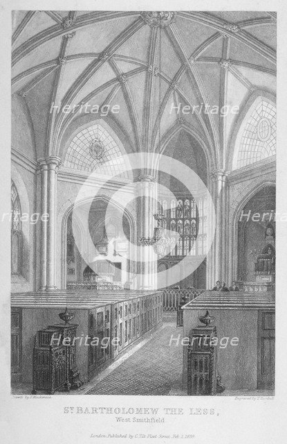 Interior of the Church of St Bartholomew-the-Less, City of London, 1839. Artist: T Turnbull