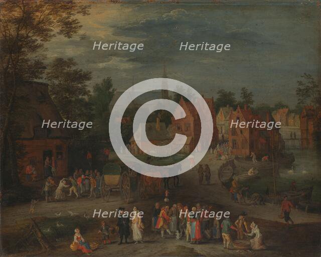 Village with a Puppeteer Entertaining a Small Crowd, c.1650-c.1660. Creator: Peeter Gysels.