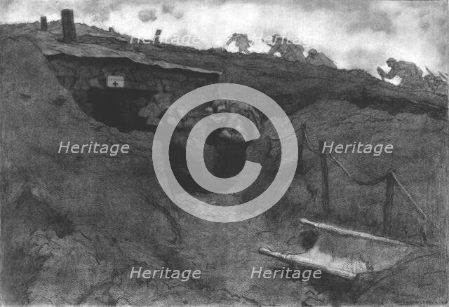 'Le poste de secours; un brancardier apporte sur son dos un blesse, tandis que des..., 1916. Creator: Georges Leroux.