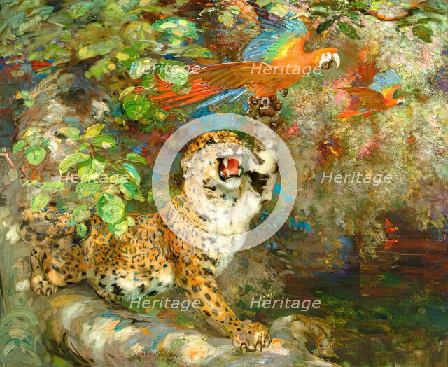 A Jaguar and Macaws (or 'Just Missed' or 'On The Banks of The Orinoco), 1900-1924. Creator: William Walls.