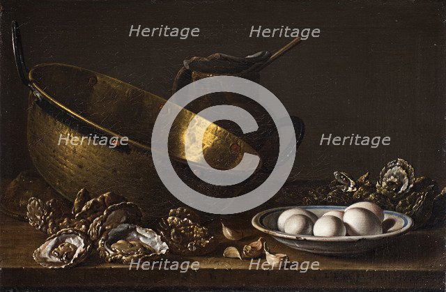 Still life with oysters, garlic, eggs, pear and pot.