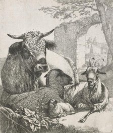 Sheep, goats and cows series: Recumbent bull, 1668-1670. Creator: Johann Heinrich Roos.