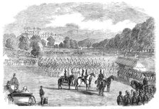 Review of Derbyshire Rifle Volunteers at Chatsworth Park - from a drawing by T. Walton, 1860. Creator: Unknown.