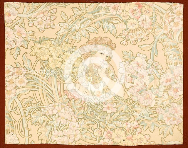 Woman among flowers (printed fabric), 1898-1899. Creator: Mucha, Alfons Marie (1860-1939).