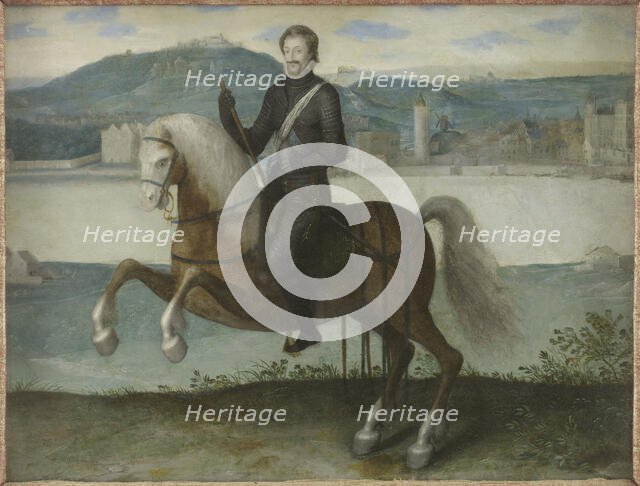 Portrait of Henri IV (1553-1610), King of France, on horseback in front of Paris, c1595. Creator: Unknown.