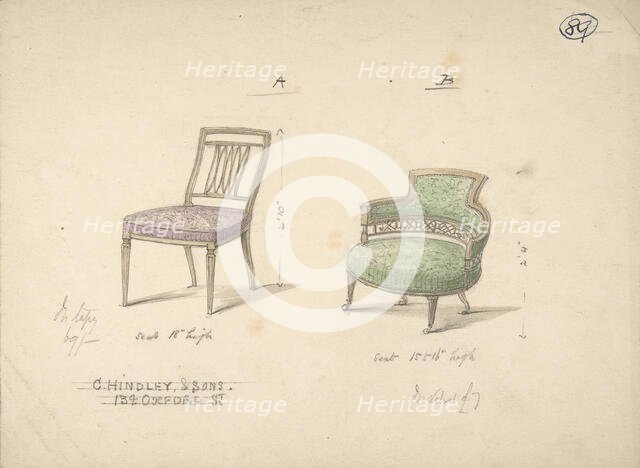 Designs for Two Chairs, 1841-84. Creator: Charles Hindley & Sons.