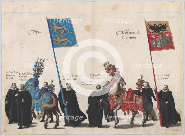 Plate 34: Men with heraldic flags and horses from Frise and the Hapsburg Empire marching i..., 1623. Creator: Cornelis Galle I.