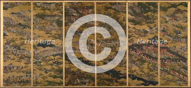 Scenes in and around Kyoto, One of a pair of six-section folding screens, c1615. Creator: Matabe (Matabei); Iwasa (1578-1650).