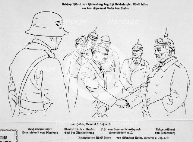 Adolf Hitler shaking hands with President von Hindenburg on the State Day of Honour, 1934. Artist: Unknown