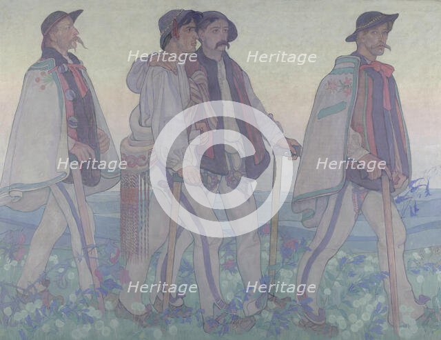 Procession of the Highlanders - central part of the 'Dawn' triptych - decorative panneau..., 1909. Creator: Jan Rembowski.
