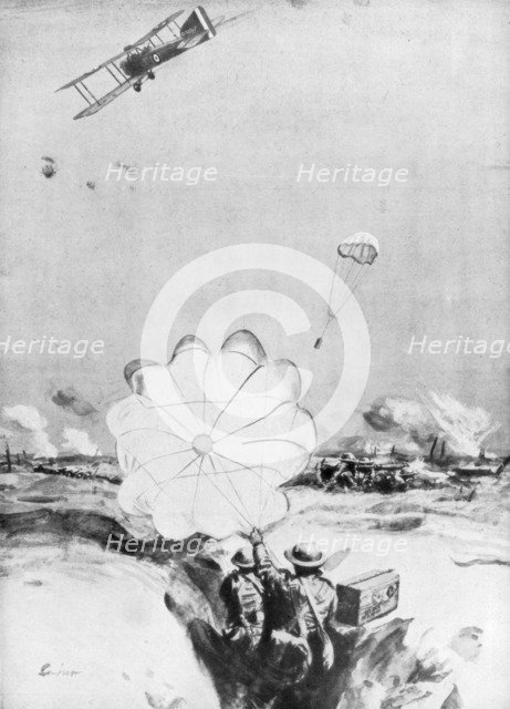 Aeroplane supplying ammunition to the British front line, World War I, 1914-1918 (1926). Artist: Joseph Simpson