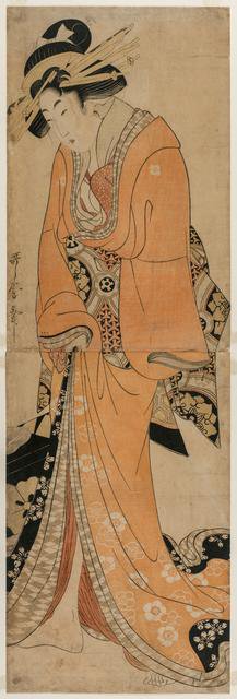 Geisha Standing Beside a Shamisen Case, c. 1810. Creator: Utamaro II (Japanese).