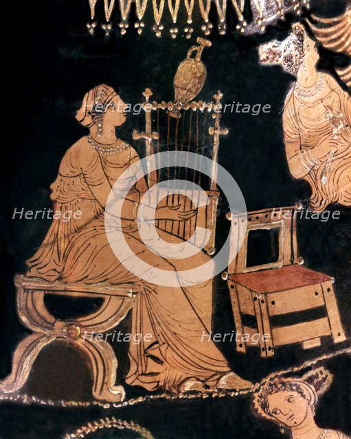Women dressed in the Ionic costume Ionic playing the lyre, detail of a vase of Pelike.