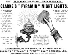 Advertisement for Clarke's "Pyramid" Night Lights, 1895. Creator: Unknown.