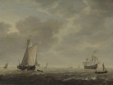 A Dutch Man-of-war and Various Vessels in a Breeze, c. 1640. Artist: Vlieger, Simon de (1601-1653)