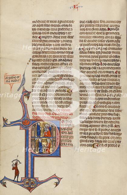 Initial P: A Man Speaking to Four Youths and A Man Placing a Ring on a Woman's Hand, about 1290-1310 Creator: Unknown.