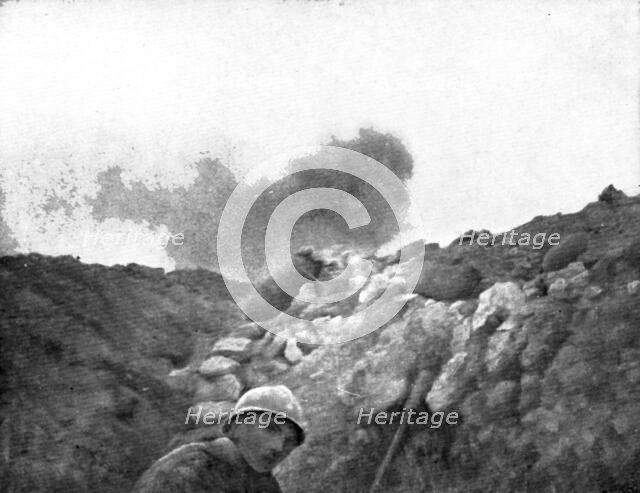 Life in the trenches in Champagne; A  torpedo explodes at some distance..., 1917. Creator: Unknown.