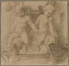 Fountain with Putti Riding Dolphins, last half 1800s. Creator: Alphonse Legros (French, 1837-1911).