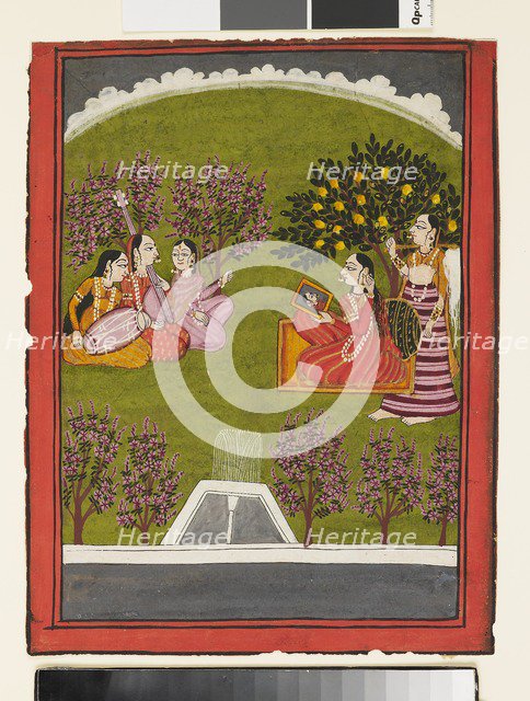A lady seated with a mirror in a garden, with a maid and three musicians, c1919. Artist: Unknown.